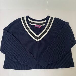 Edikted Navy V-Neck Cropped Knit Sweater- Size Medium